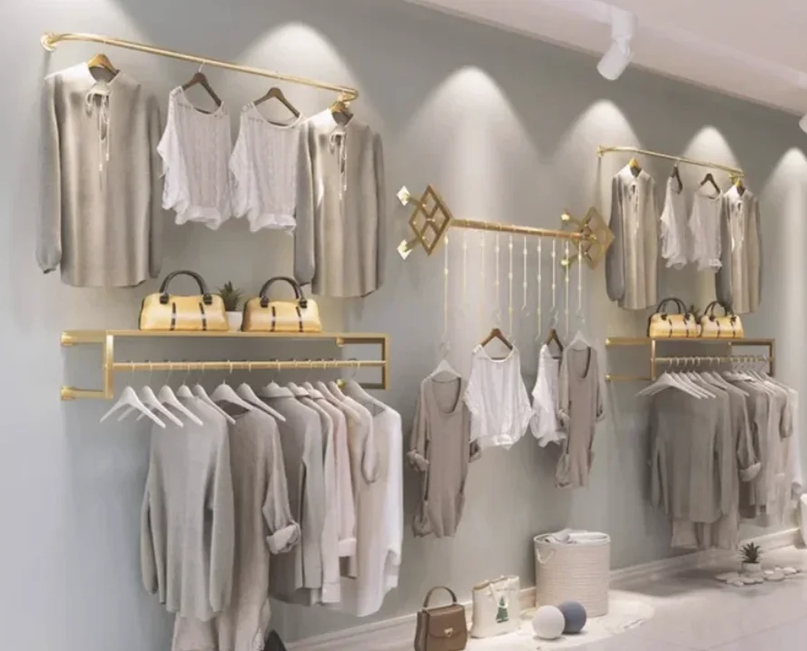 

Wall mounted display racks in clothing stores, men's and women's clothing store shelves, clothing racks on wall hangers