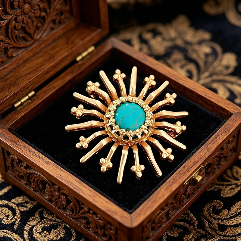 Women Accessories Jewelry - เข็มกลัดรูปพระอาทิตย์สีทองวินเทจ ประดับดอกไม้สไตล์โบฮีเมียนตะวันตก สำหรับผู้หญิง ใช้ตกแต่งเสื้อโค้ท
