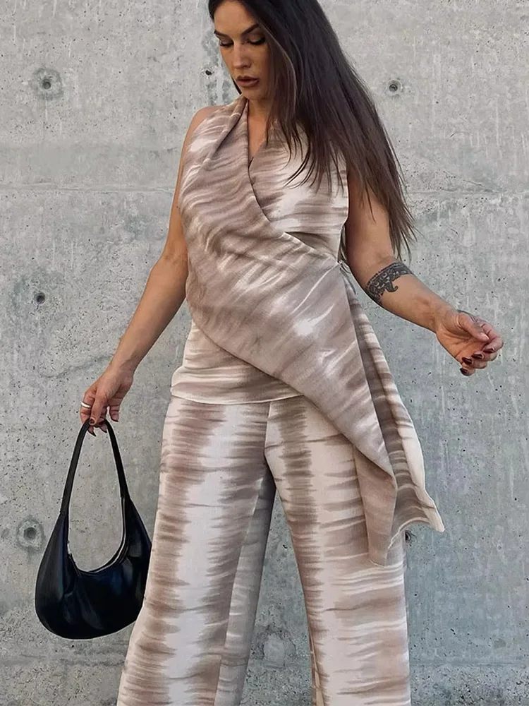 HH Women Summer Fashion Casual Backless Tie-dye Tops 2 Piece Set Vintage Lace Up Elastic Waist Wide Leg Pants Suits TRAF