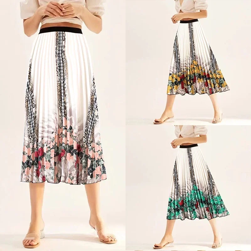 Women's Elastic Waist Niche Spring/summer New Print Medium Length Pleated Large Hem A-line Skirts