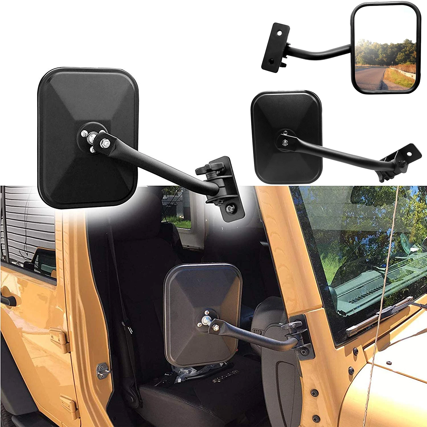 Car Quick Release Door Off Side View Mirror Rectangular Mirrors fit For 1997-2018 Jeep Wrangler TJ JK JKU Textured Black 2Pcs