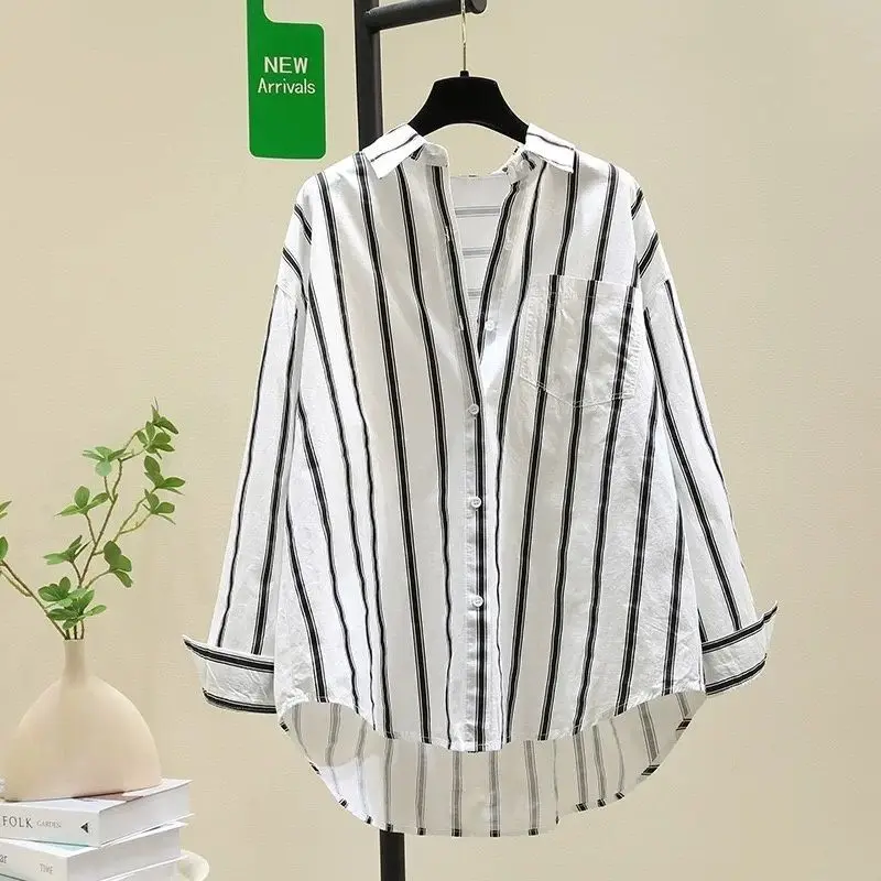 Summer Casual Korean Fashion Loose Buttons Single Breasted Striped Long Sleeve Youth Lively Bright Easy Close to the People Wild