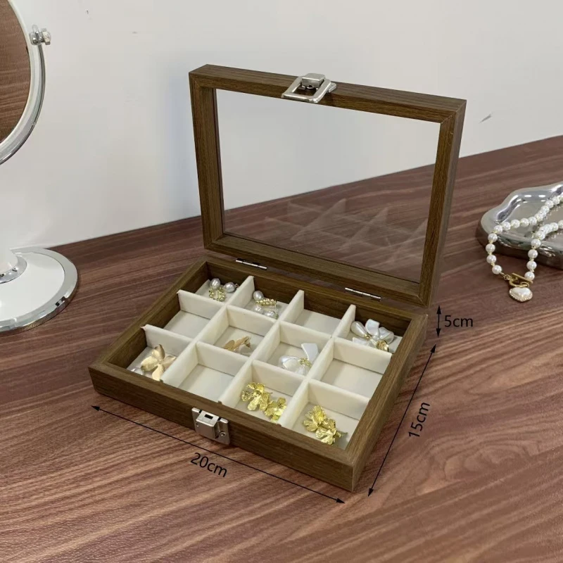 

High-End Luxury Retro Elegant Wood Jewelry Box Velvet Glass Jewelry Organizer Storage Box Dust-Proof Ring Display Holder Home