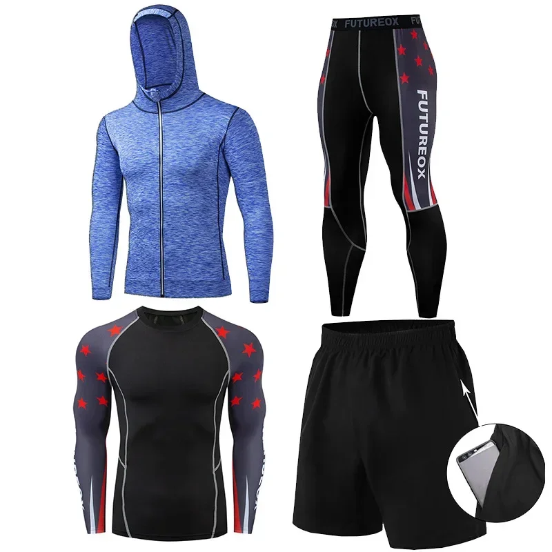 4pcs Men's Sports Set Gym Sportswear Running Sports Long-sleeve Jersey Hooded Quick Dry Cycling Fitness Gym Leggings Set Hoodie