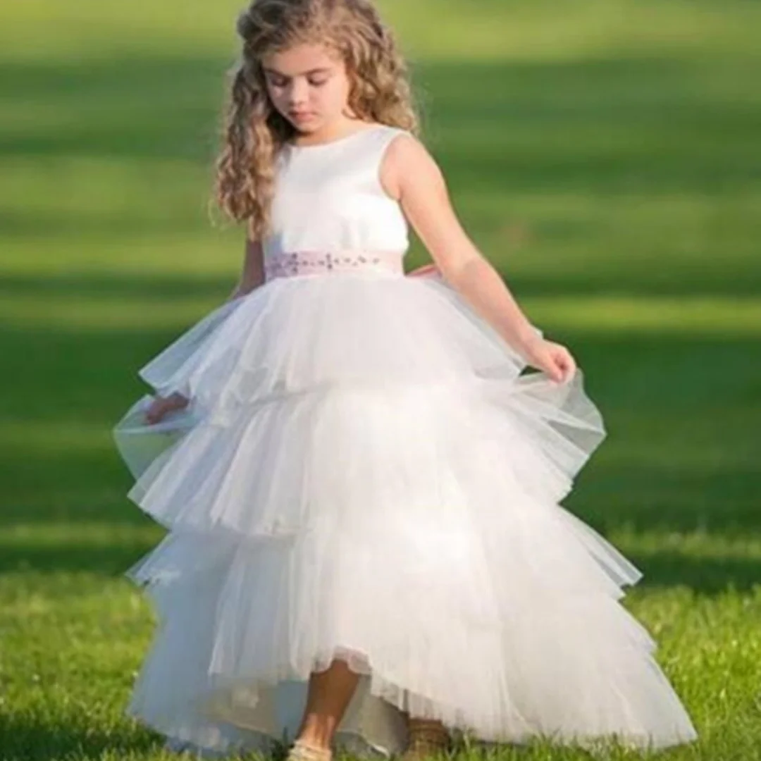 

Hot Flower Girl Dress White A-Line Bow Sash Sleeveless Solid O-Neck Girls First Communion Dress Hot Sale Vestido De Comunion