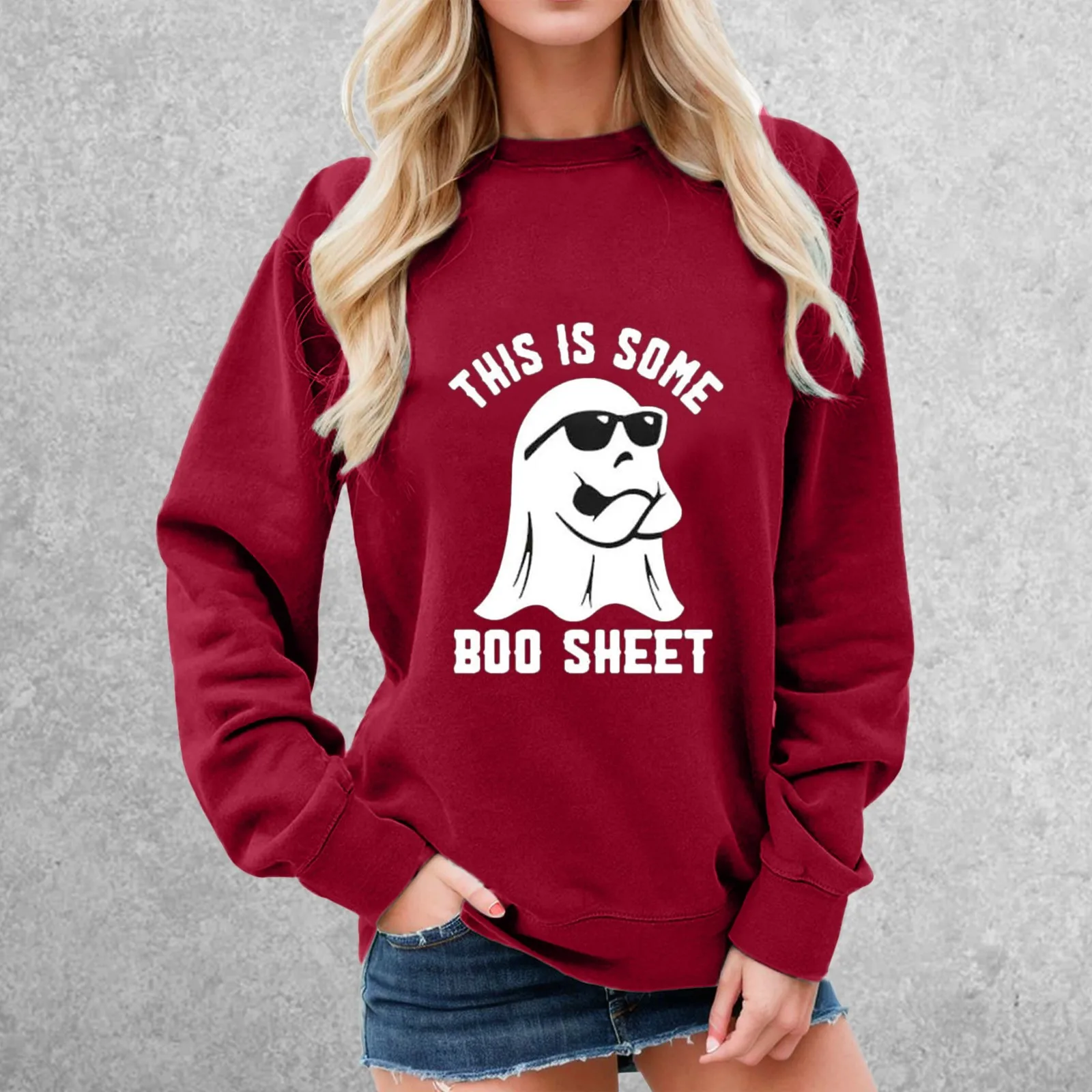 Round Neck Long Sleeve Hoodless Pullover Sweatshirt Halloween Ghost In Sunglasses Funny Print Hoodies Loose Simple Y2k Hoodies