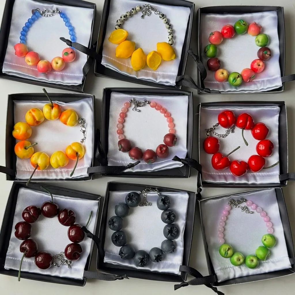 Fashion Resin Simulation Fruit Bracelet Beaded Dopamine Beads Bracelet Cherry Persimmon Summer Bohemian Jewelry Beach Jewelry