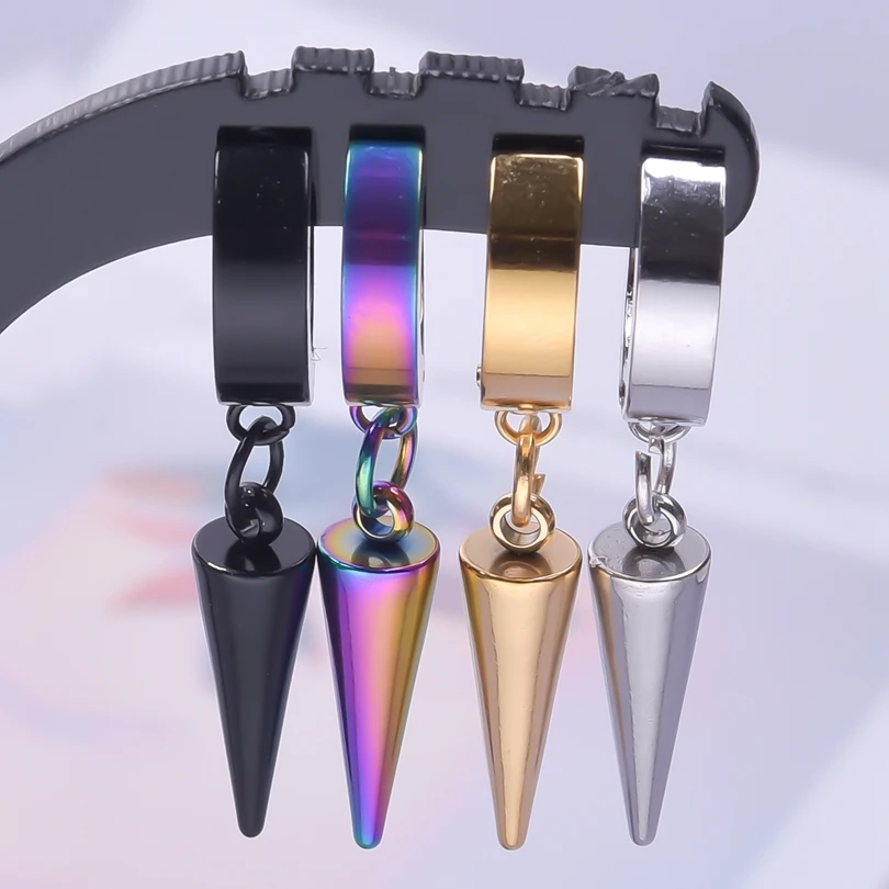 Longer Pointed Cone Pendant Earring Stainless Steel Hoops Earrings For Women Men Accessories Black/Rainbow/Silver/Gold Color