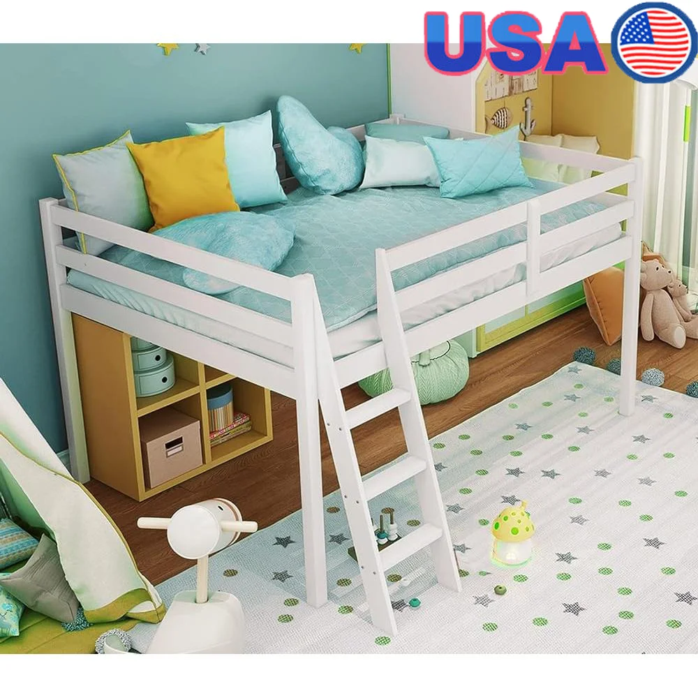 سرير منخفض مع سلالم من خشب الصنوبر الصلب بالحجم الكامل، سرير بطابقين موفر للمساحة للأطفال والمراهقين الصغار، سهل التجميع، لا حاجة إلى صندوق الربيع #1