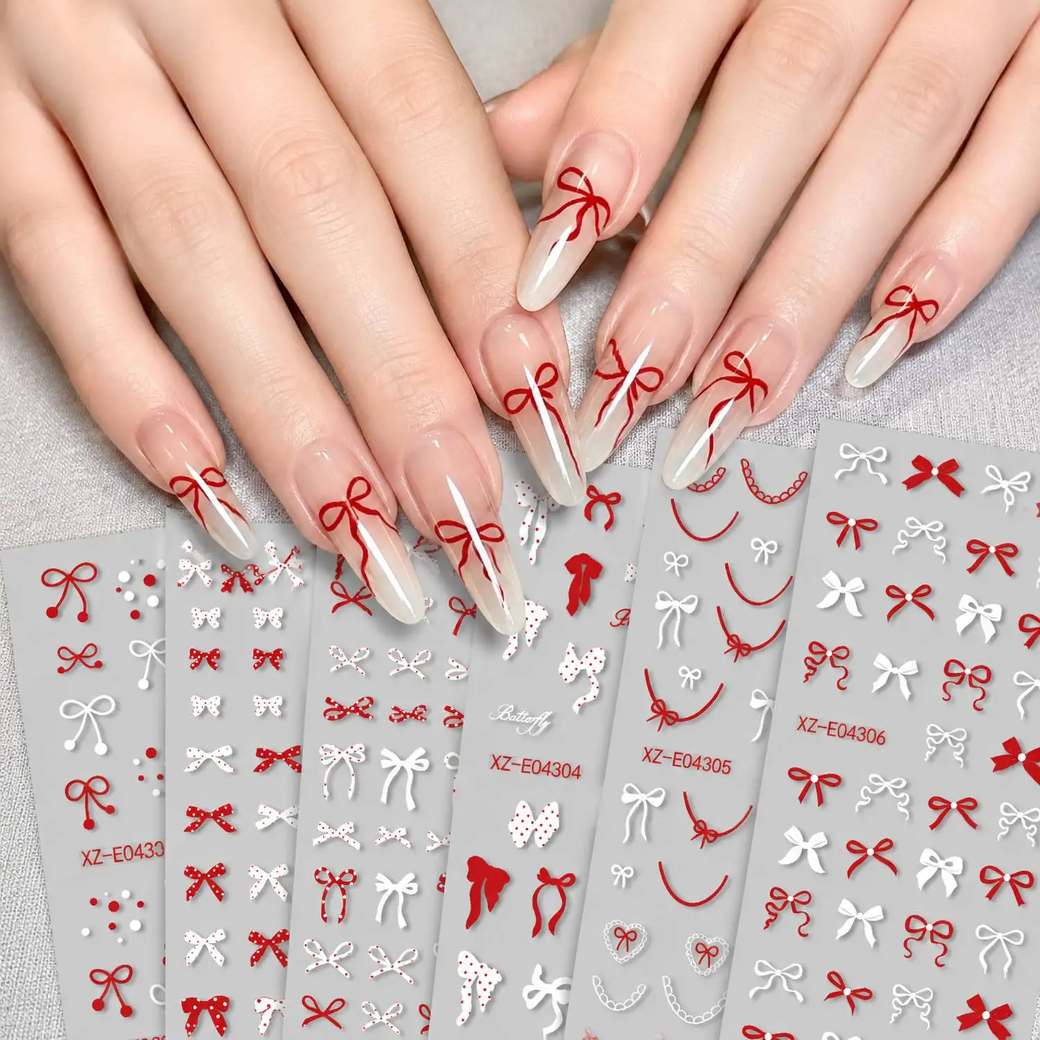 6Pcs Elegant Mixed Bow Elements Nail Sticker Bow Ribbon Polka Dot Finish Nail Decal Sweet Cool Retro Bow Theme Nail Slider