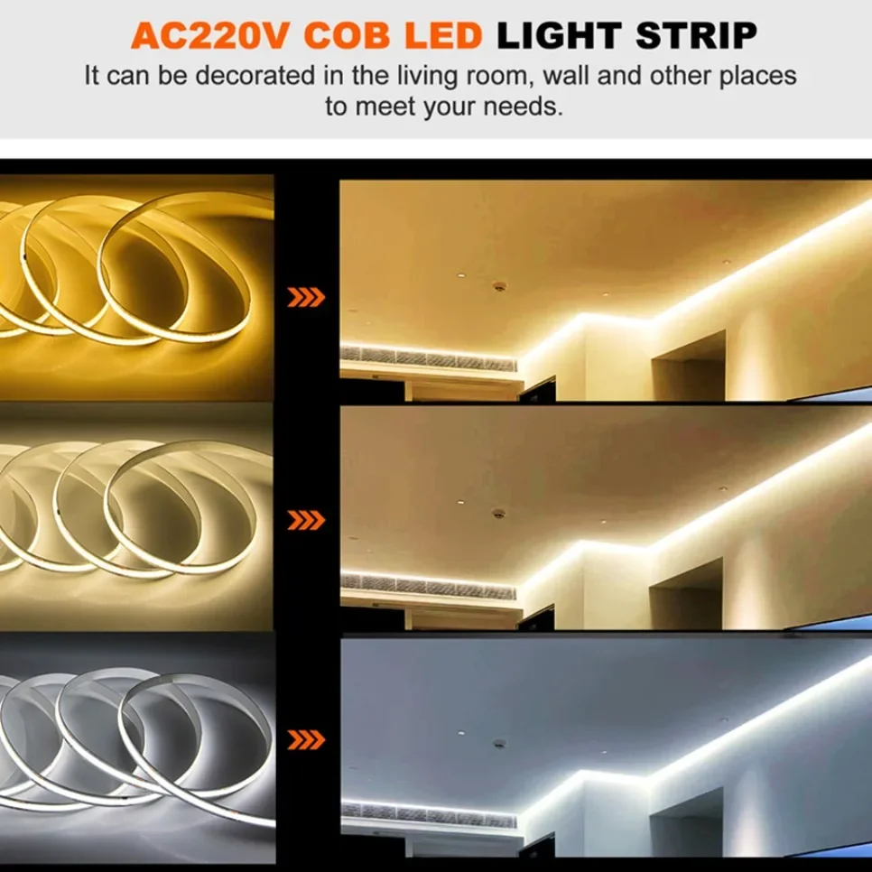 10 M 5 M Cob LED Strip Light 220 V 230V AC 240LED/M เทปยืดหยุ่นไฟ Rectifier ไม่ต้องใช้พลังงาน Linear Lighting 2024 ใหม่