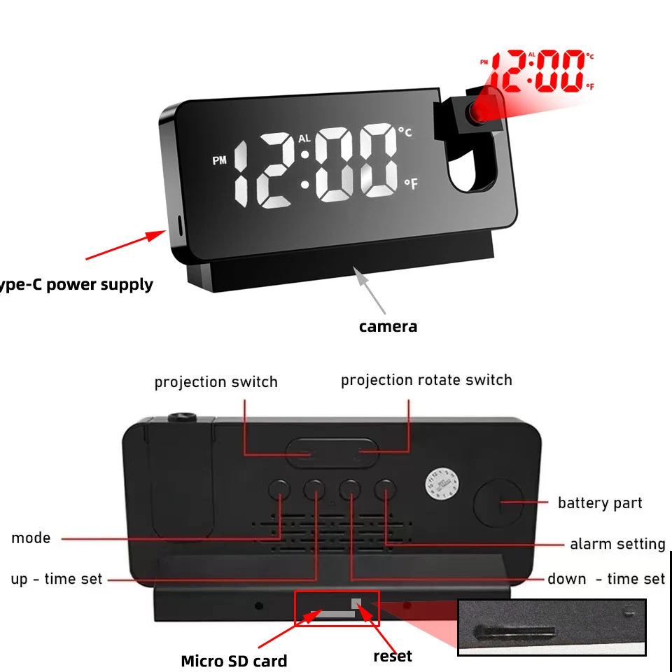 Time Projection Clock Mini Camera 1080P HD Supports 2.4G WiFi Mobile Capture USB 24-hour Plug in for Indoor Room Store Video Cam