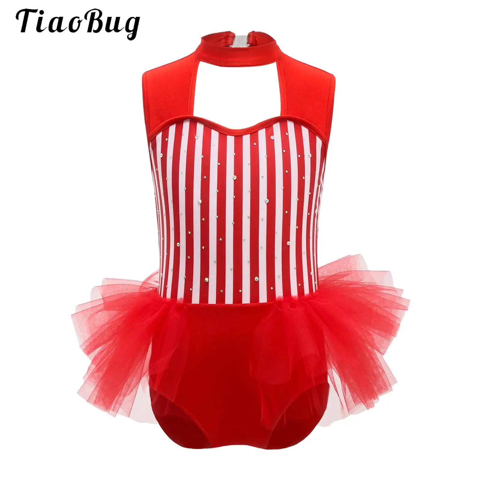

Kids Girls Circus Stripe Jumpsuit Ringmaster Costume Rhinestones Gymnastics Ballet Leotards Waist Mesh Ruffled Overlay Bodysuits