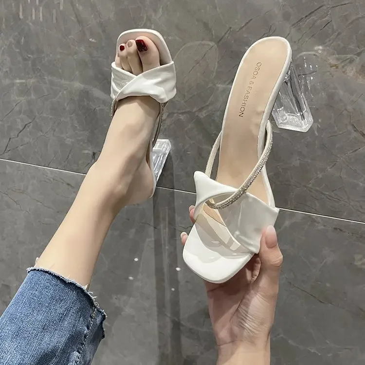

French transparent high-heeled sandals for women to wear outside summer new versatile open-toed thick-heeled crystal slippers
