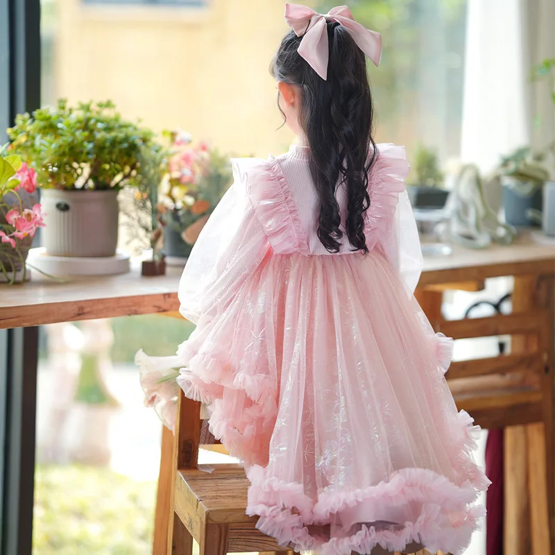 2023 Autumn Winter Girls' Performance Dress Sweet Bow Small Tail Long Sleeve Birthday Princess Ball Gown Flower Girls Dresses