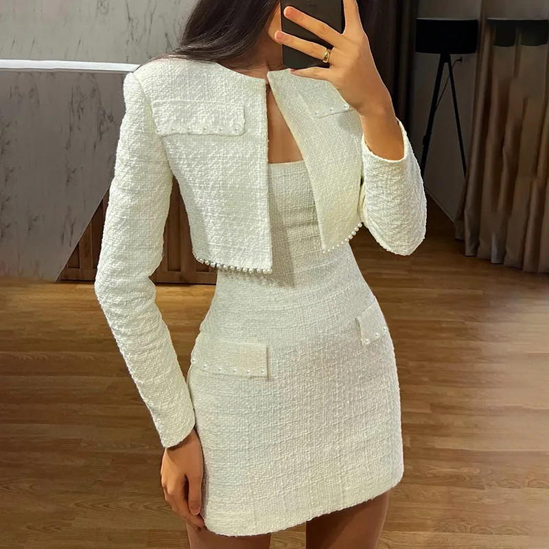 Women\'s Two Pieces Set 2024 Autumn New Beading Decor Bandeau Slim Fit Mini Dress & Temperament Long Sleeved Open Front Crop Coat