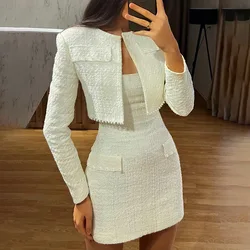 Women's Two Pieces Set 2024 Autumn New Beading Decor Bandeau Slim Fit Mini Dress & Temperament Long Sleeved Open Front Crop Coat