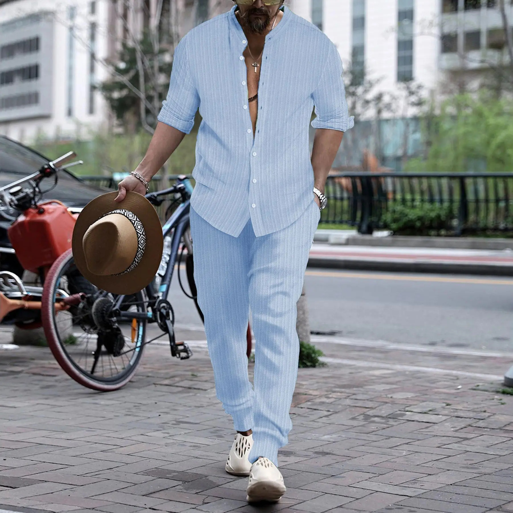 Spring and autumn new fashion men's fashion trend striped stand-up collar shirt long sleeve trousers casual men's sportswear