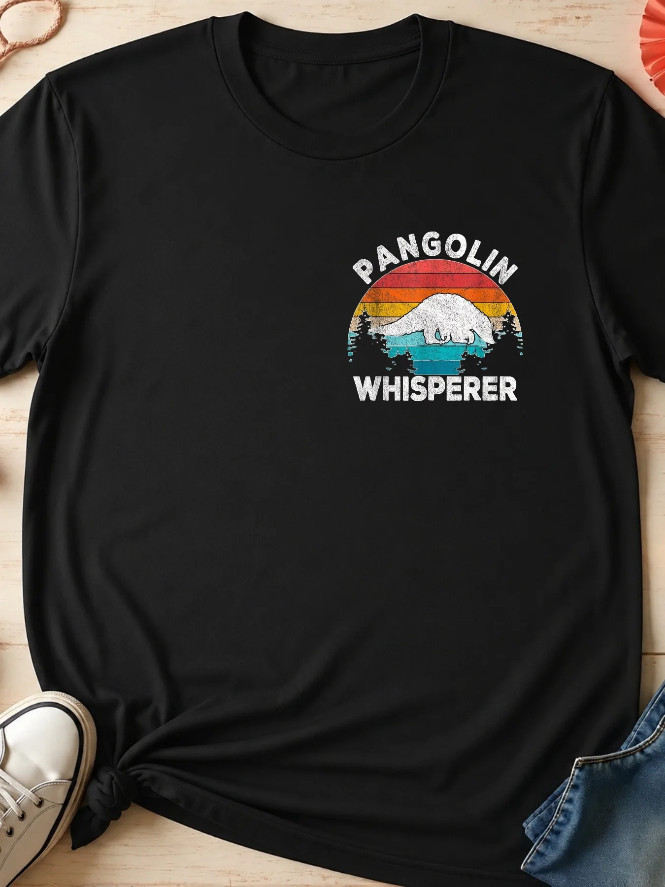 Men's Streetwear Graphic T Shirt Casual Oversized Short Sleeve Tee Printed With Pangolin Whisperer Lettering Retro Sunset And Fo