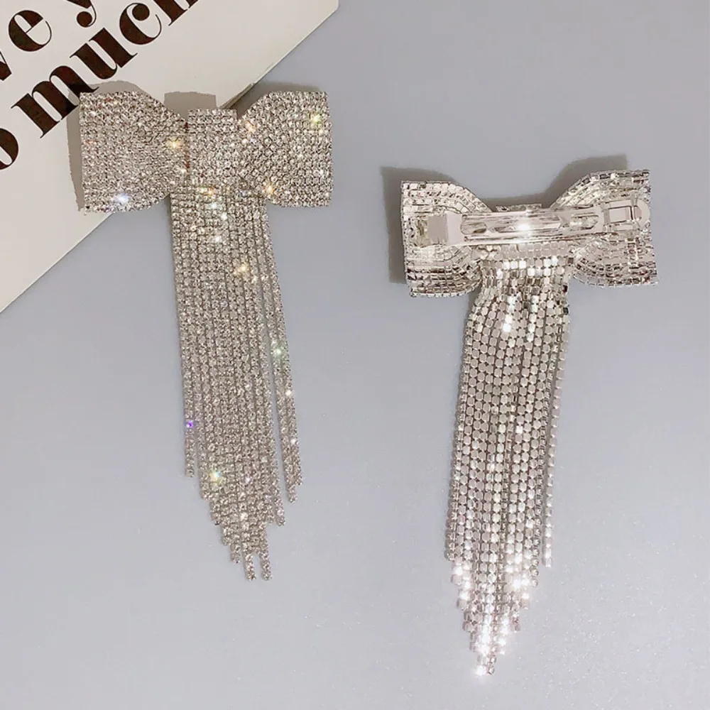 New Rhinestone Bow Fringe Hairpin Temperament Light Luxury Long Tassel Rhinestone Hairpin Bow Hair Clip Women