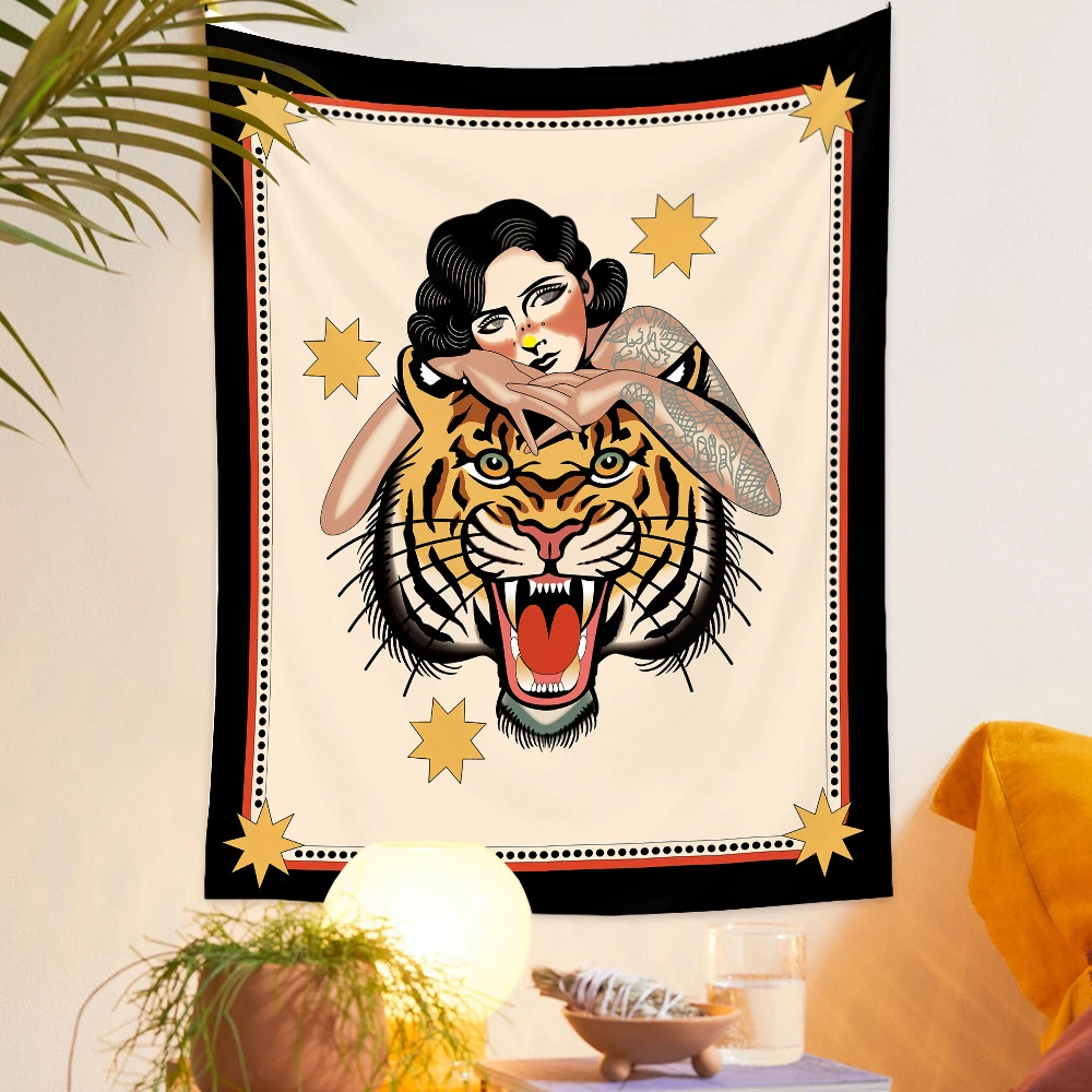 Woman And Tiger Tapestry Wall Hanging Sexy Tattoo Girl Tapestries Modern Art Aesthetic Room Decor Bedroom Sofa Blanket Yoga Mat