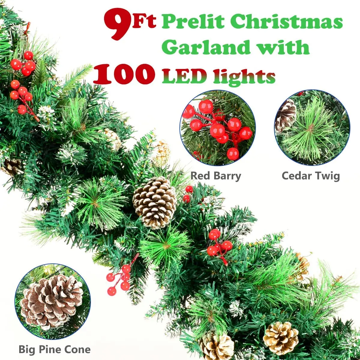 

9Ft Christmas Garland with 50 Warm LED Lights Timer 8 Modes Battery Powered Red Berry for Mantle Fireplace Stairs Railing Decor