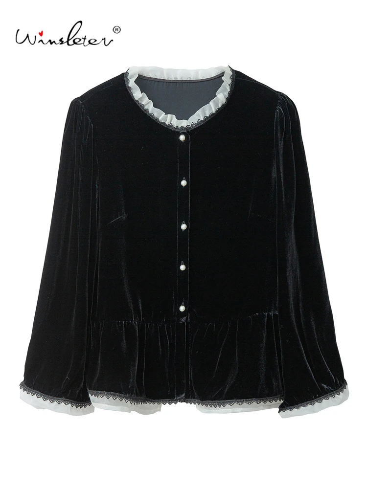 

Winsleter-Bottom 100%Real Silk Elegant Velvet Coat, O Neck Ruffles, Women Retro Organza Patchwork Coat, 2025 Autumn New C59711CC