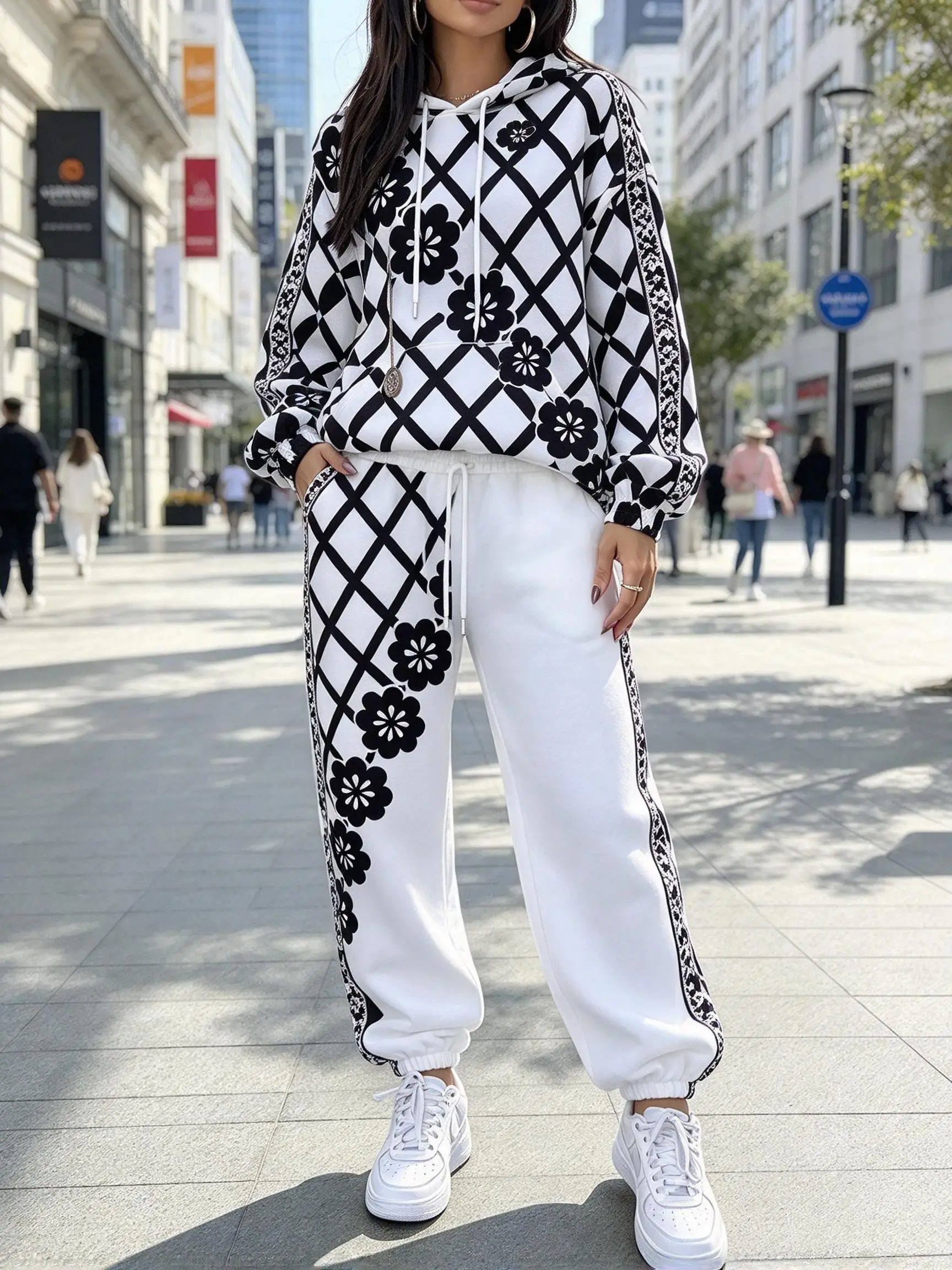 Women Grid Floral Print Hooded Tracksuit, Hoodie & Cuffed Jogger Pants 2 Piece Outfit