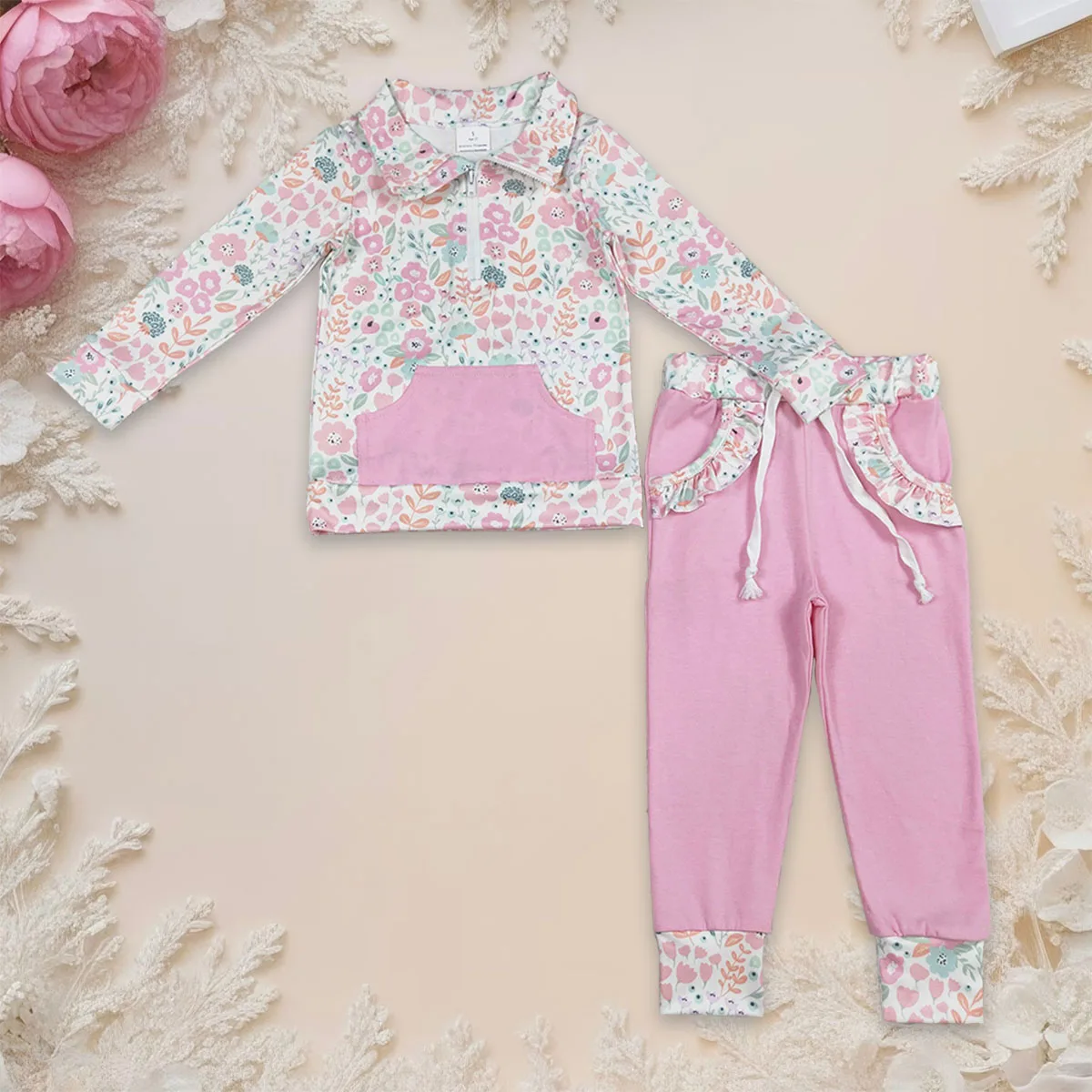 

Baby Girl Long Sleeve Set Colorful Flowers Zipper Pockets Tops Kids Jogger Pant Infant Toddler Outfit Children Clothes Wholesale