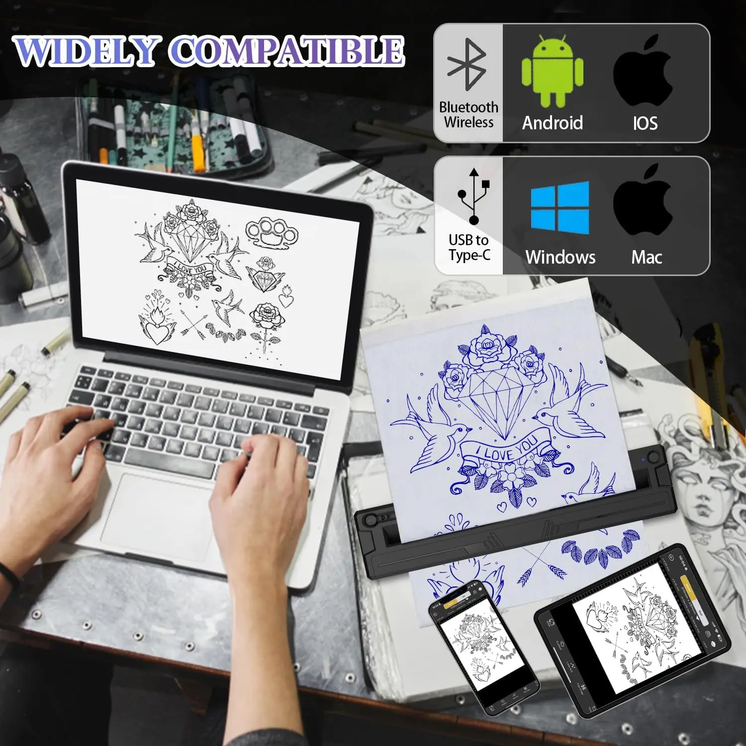 Portable A4 Thermal Printer Multi functional Tattoo Stencil Printer Mini Tattoo Printer Machine Compatible with Phone Tablet PC