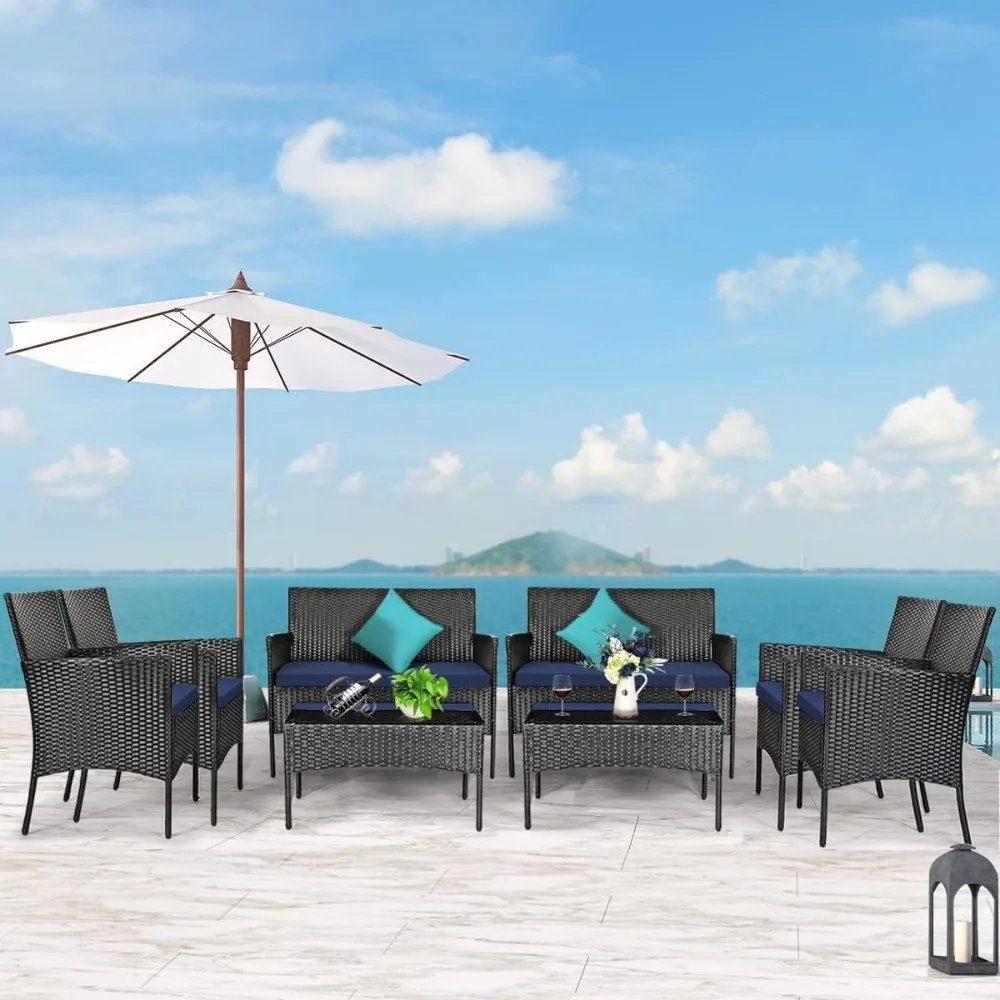 8-piece patio furniture set, outdoor wicker set with tempered glass coffee table, rattan two-seater chair cushion