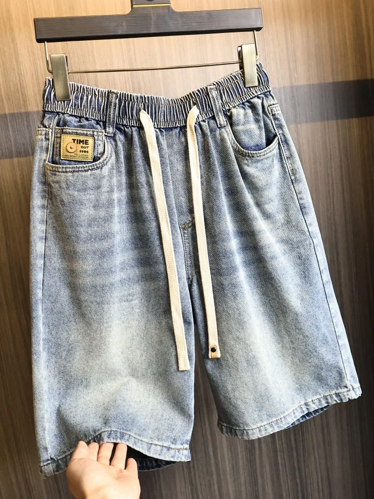 Retro Faded Craft Loose Fit Elastic Waistband Summer Casual Slimming Effect Men's Denim Shorts Fashionable Urban Style