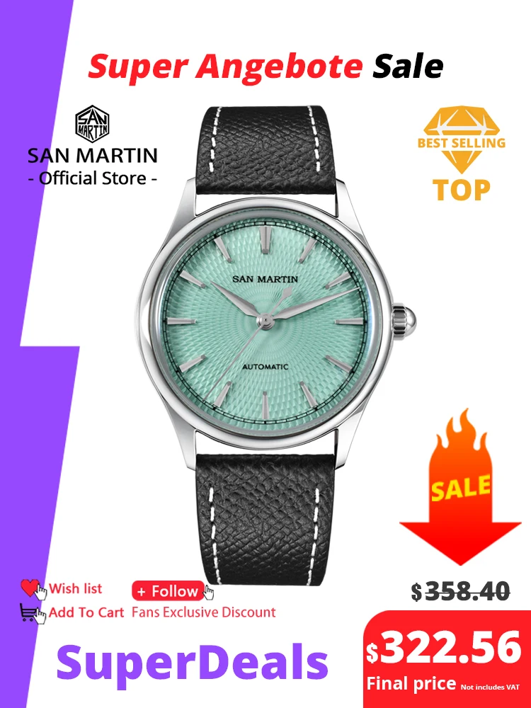 

San Martin 37mm Men Dress Watch 3D Textured Dial ST1812 Casual Fashion Automatic Mechanical Sapphire Clear Caseback SN0110