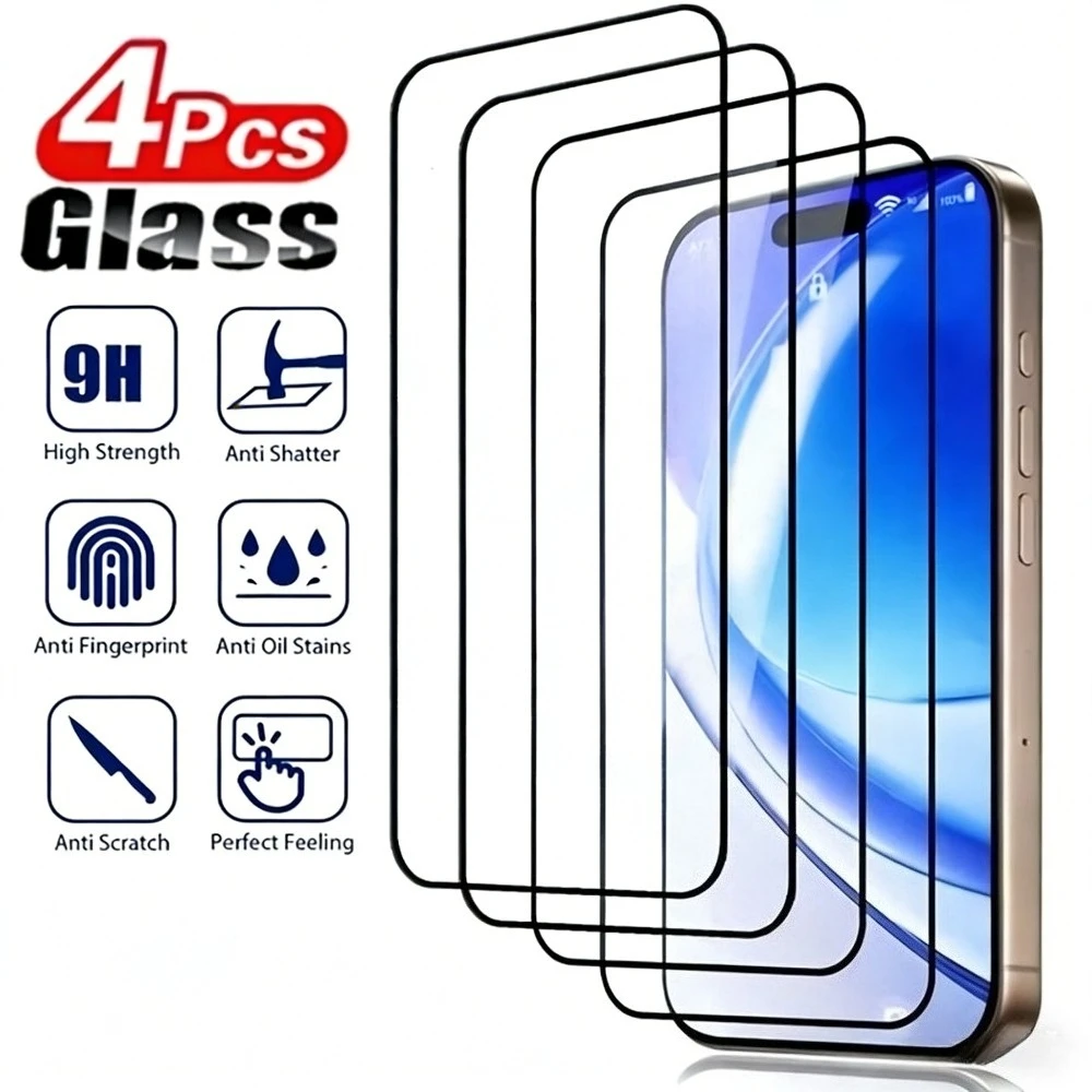 4 Stück Full Cover gehärtetes Glas für iPhone 17 16 15 14 Pro Max Air 15 16 Plus Displayschutzfolie für iPhone 13 12 11 Pro XR XS Max