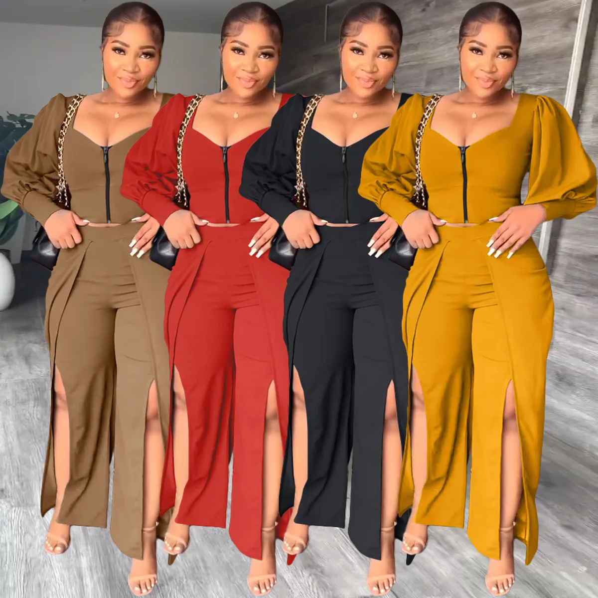 

Casual Women Shirt Zipper Tank Top Shirt + Long Pants Split Out Streetwear Matching Set Clothes For Women Outfit