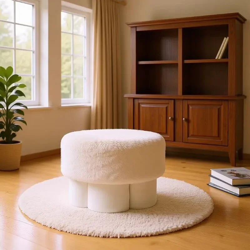 Plush Lamb Wool Mushroom Stool Low Round Ottoman for Entryway Shoe Changing Living Room Kids Makeup Seat Small Footrest view 3