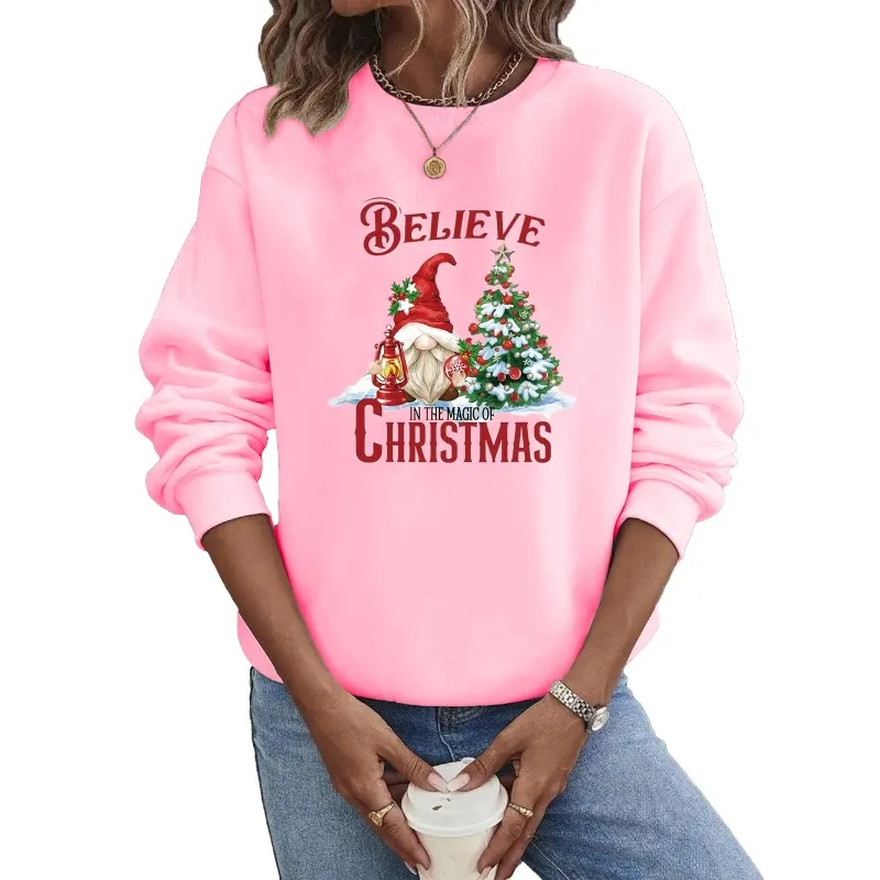 크루넥 후드티 크리스마스 긴팔 핫 산타 트리 프린트 스웨트셔츠 스트리트웨어 여성 스웨트셔츠 후드티 여성