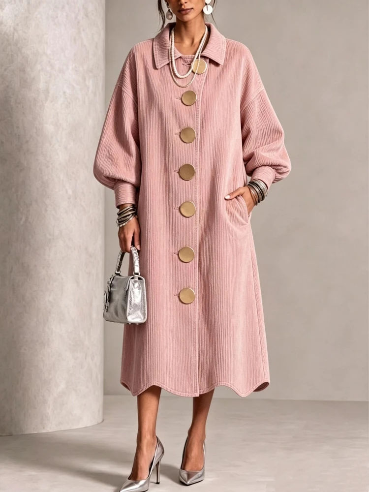 Vintage Women Corduroy Shirt Dress Lapel Collar Large Gold Buttons Lantern Sleeve Dresses Loose Casual Midi Dress with Pockets