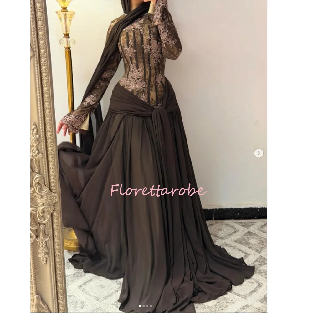 Maßgeschneidertes Luxuriöses Muslimisches Abendkleid Dubai Langarm Applikationen Spitze Chiffon Formelles Ballkleid für Hochzeitsfeier