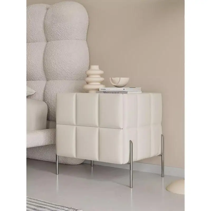 *Cream tone modern multifunctional wooden nightstand in light luxury style, practical storage design, smooth appearance structur