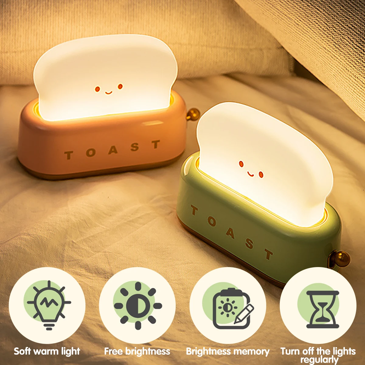 Toast Night Light Cute Bread LED Night Lamp Creative USB Charging Portable Bedroom Sleep Light Timer e dimmerabile