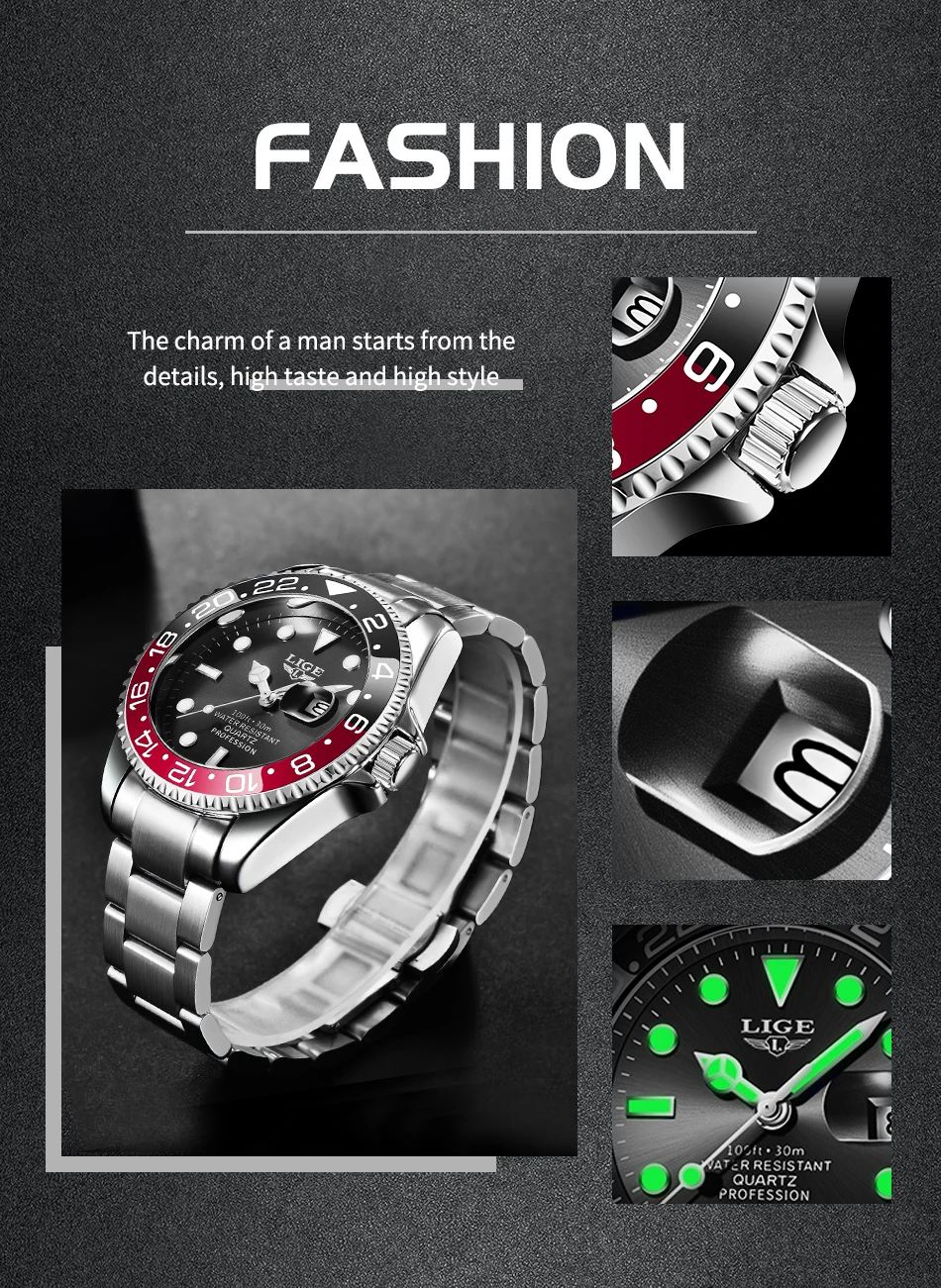 LIGE Top-Marke Mode Herrenuhr Business Luxus Quarz-Armbanduhren Leuchtend Wasserdicht Stahl Sportuhren Herren Geschenke Reloj – Detail 3