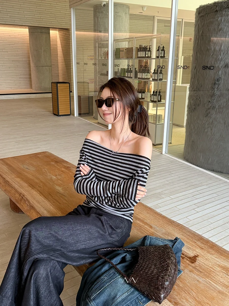 

WizAann Striped Law Long Sve oulder Bared T irt Women's Spring Design Slim Fit Top Commute Sle Regular Length