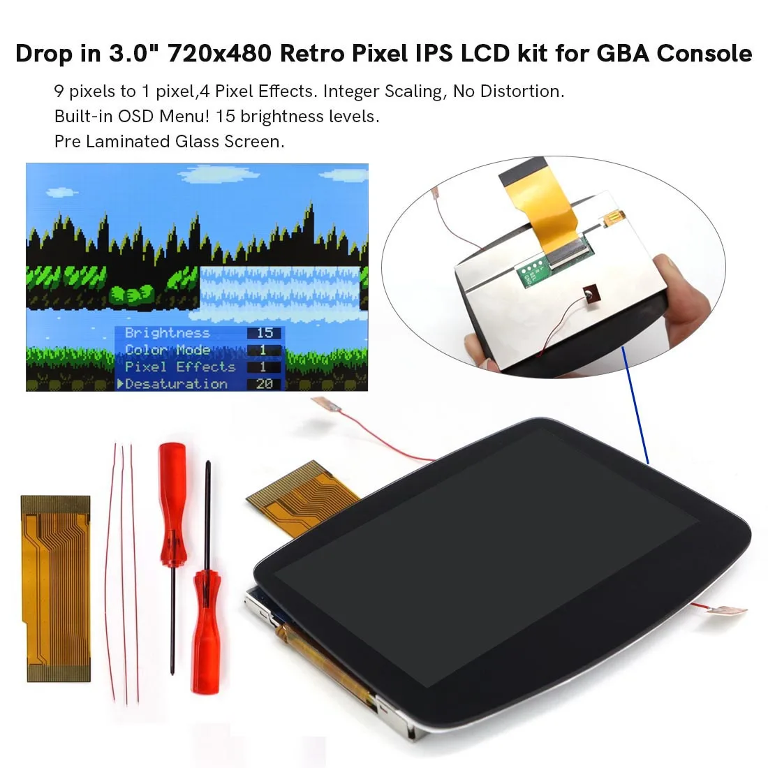 

3.0-дюймовый ламинированный ЖК-дисплей с подсветкой IPS для GBA V5, комплект для консоли GameBoy Advance, 720*480, ретро-пиксельный FRM-дисплей с эффектом десатурации.