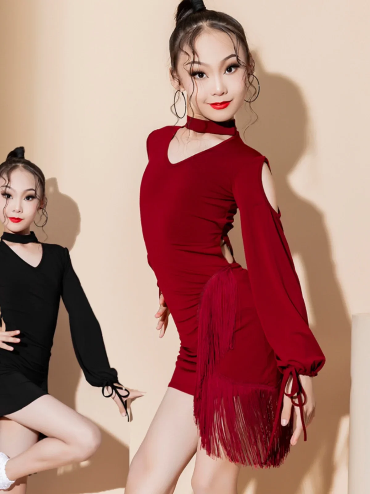 Children's Latin dance dress tassel girl's long sleeve red professional advanced exercise competition table performance dress