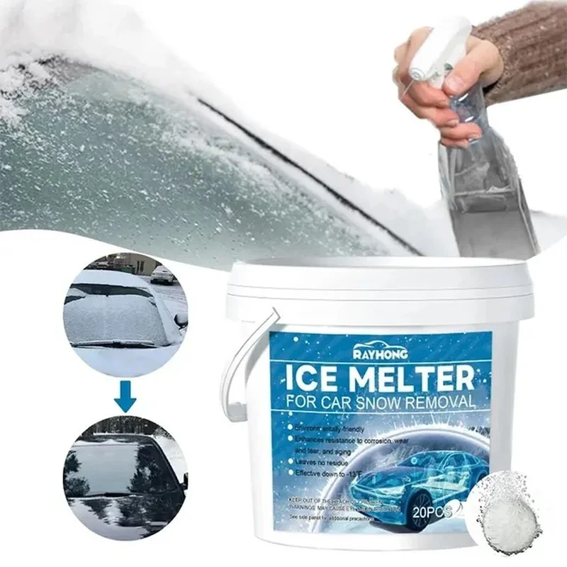 20 Pcs Snow Melter Tablets Safe Driveway Deicer Fast Acting & Effective Defrost De-Icing Ice Snow Melter for Car Windshields Rem