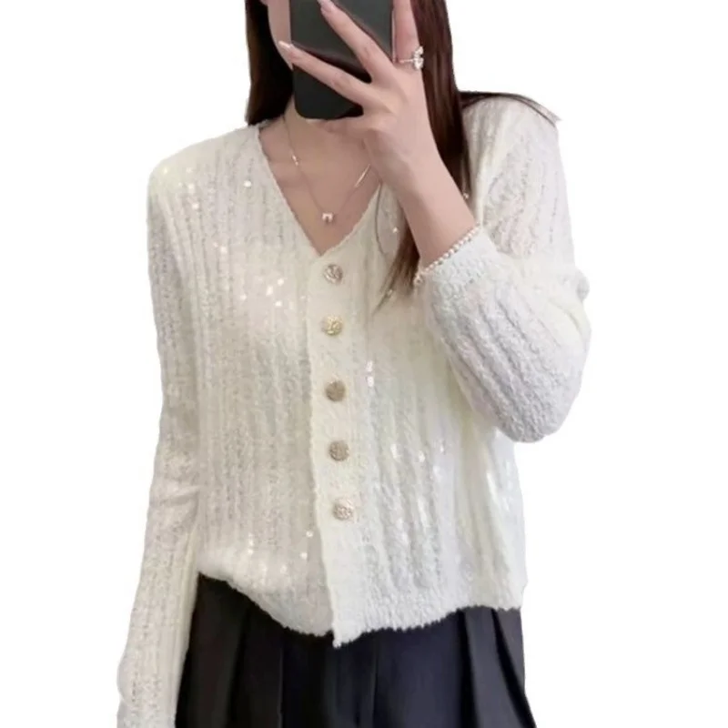 2026 New Autumn Winter Women V Neck Single Breasted Cardigan Sparkle Sequin Loose Long Sleeve Sweater Fashion Ladies Knit Top