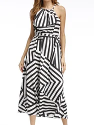 Vrouwen sexy boho gestreepte mouwloze maxi lange strandstijl riem zonnejurk vestidos voor dames