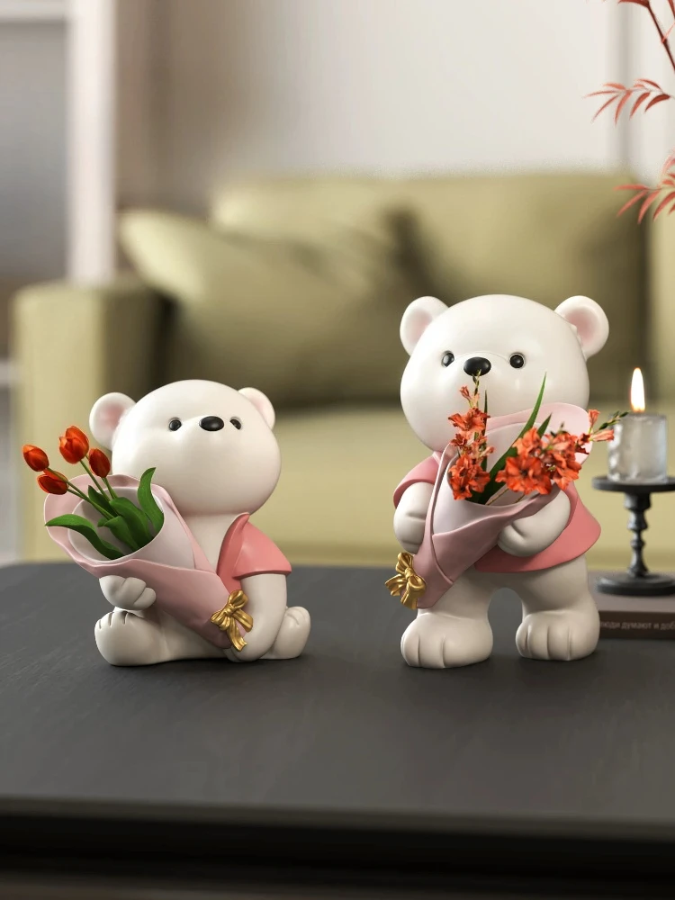 Nordic Art Home Decor Vitality Bear Bouquet Desktop Ornament Living Room Dining Table Creative Decorative Vase Resin Crafts Gift