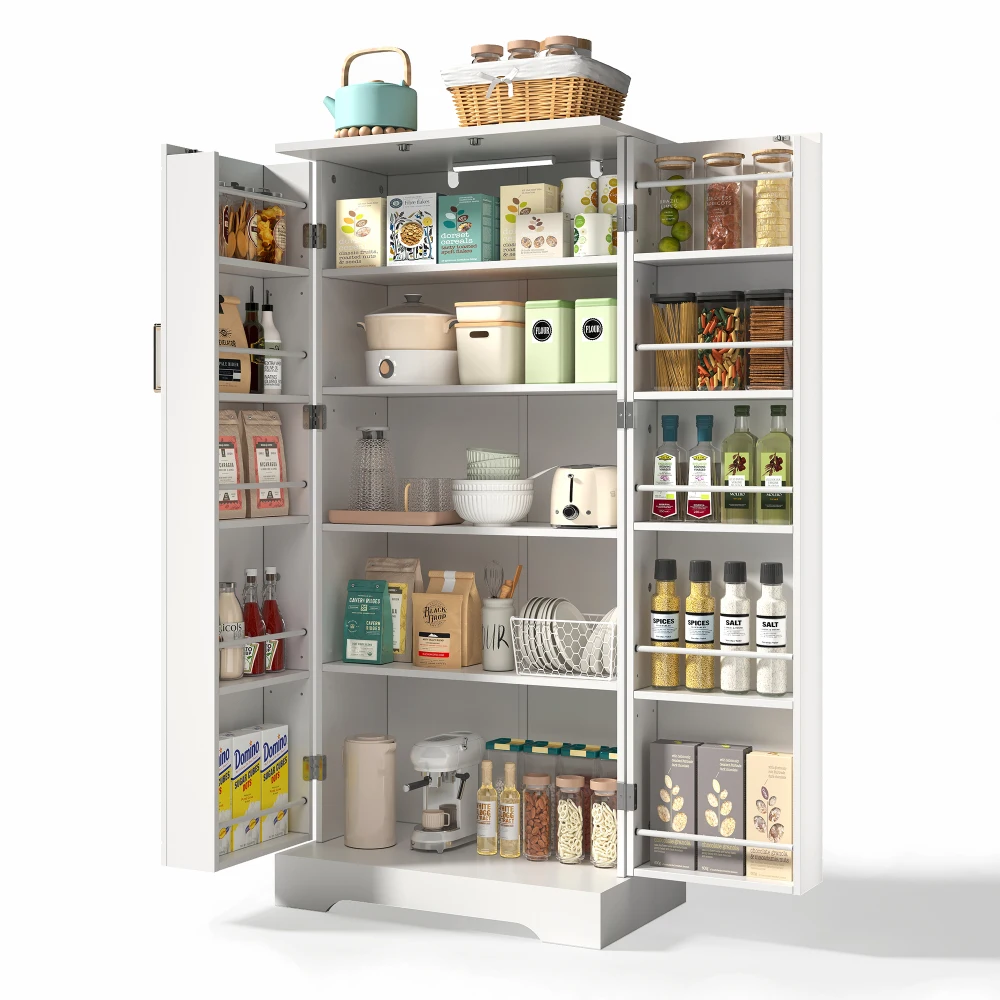 Mueble de Cocina Blanco Multifuncional de 60×35×128cm, Armario de Almacenamiento Independiente con Luz LED con Sensor, Estantes Ajustables en Altura, Puerta Doble, Compartimento Integrado, Dispositivo Antivuelco, Mueble Moderno para Cocina, Sala de Estar y Comedor
